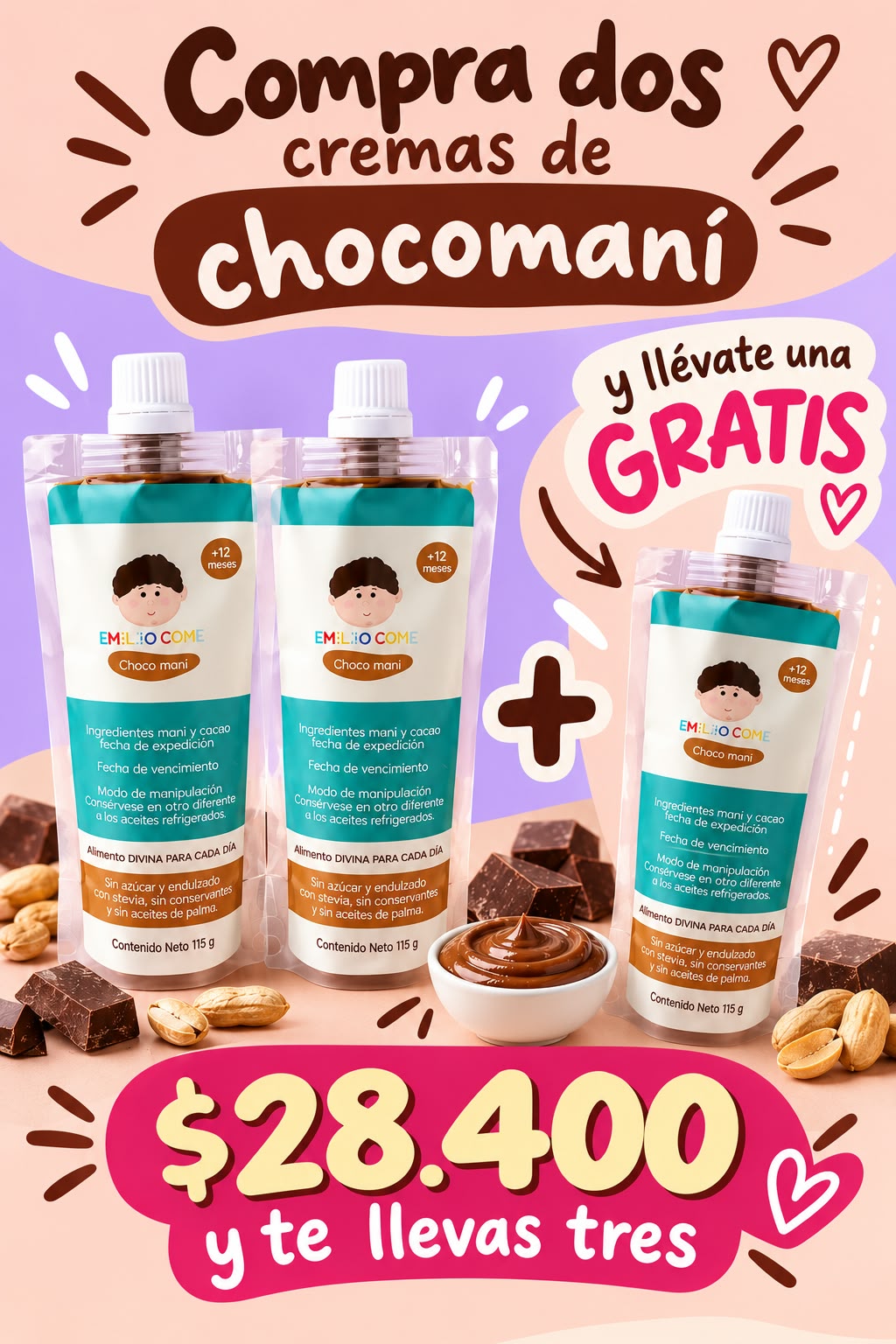 3 cremas de choco maní de 115gr